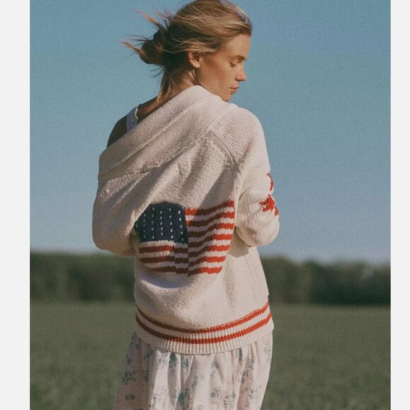 Anthropologie Maeve Shawl Collar American Flag Cardigan Sweater USA XLP XL P NWT - Picture 5 of 6